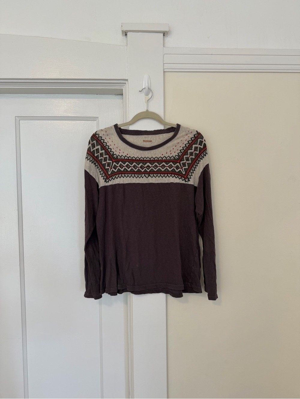 Kapital Men's Long-Sleeve Fair Isle Yoke Top in Plum and Cream